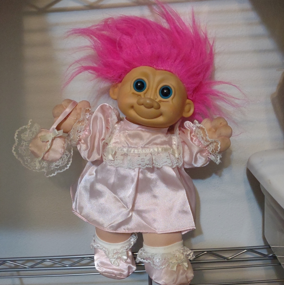 Vintage 13" Pink Hair Troll Doll Classical Russ Berrie & Co Pink Nursery Outfit